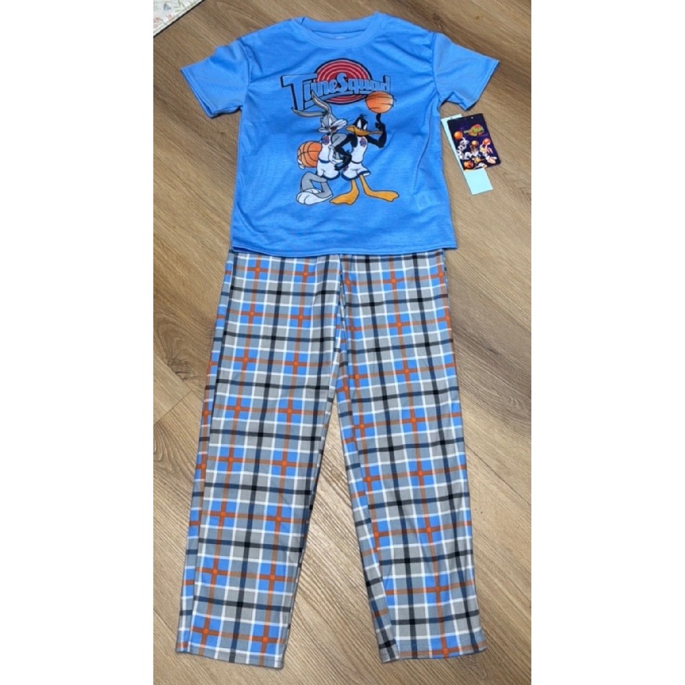Space Jam Tune Squad Kids Pajama Set Blue Bugs Bunny Daffy Duck Plaid Size 6/